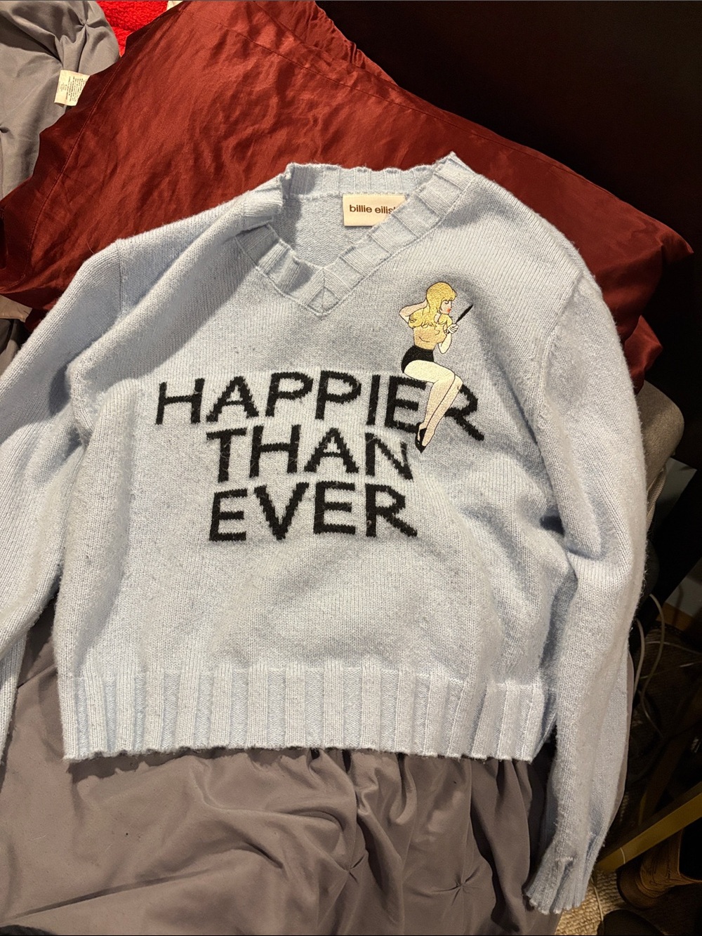 Billie Eilish Light Blue V-Neck Sweater — 'Happier Than Ever' Graphic